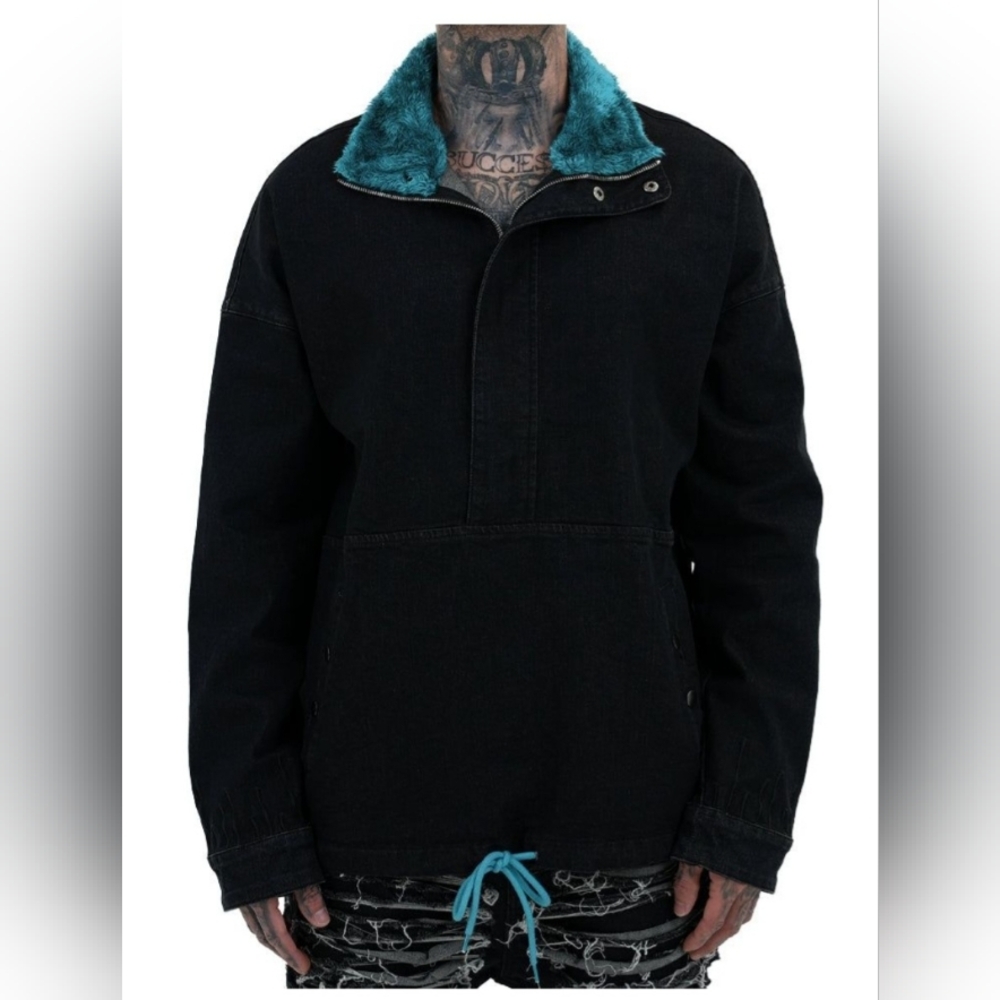 Limited Edition Unisex Black Jacket with Teal Collar Size L
